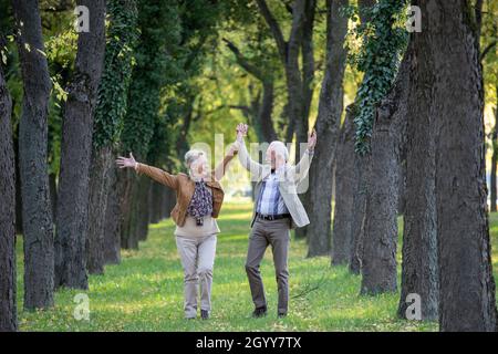 Coppia anziana che celebra la vita, l'amore e la felicità alzando le braccia e ridendo nel parco Foto Stock