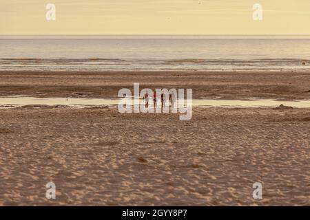 Quattro persone sulla spiaggia al tramonto Foto Stock