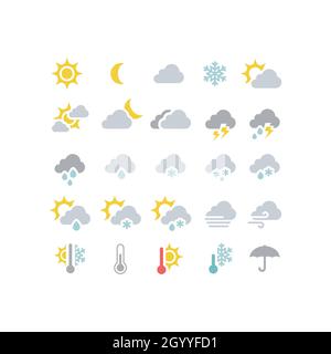 Previsione meteo colorata icona vettoriale. Tempesta, soleggiato, pioggia, neve icone. Sole e nuvole, simboli caldi e freddi. Illustrazione Vettoriale