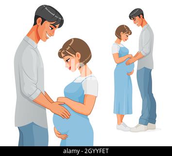 Felice Asian incinta coppia in attesa di un bambino. Illustrazione vettoriale. Illustrazione Vettoriale