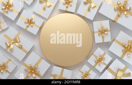 Regali di Natale o di compleanno sulla vista dall'alto su sfondo dorato con spazio per la grafica. Rendering 3D. Foto Stock