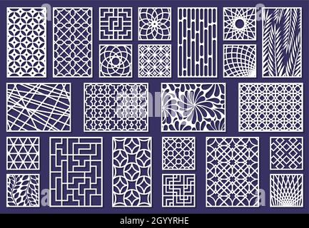 Modelli di taglio laser, cartelline o pannelli di taglio metallici. Trama astratta decorativa laser taglio pannelli vettore illustrazione set. Taglio Illustrazione Vettoriale