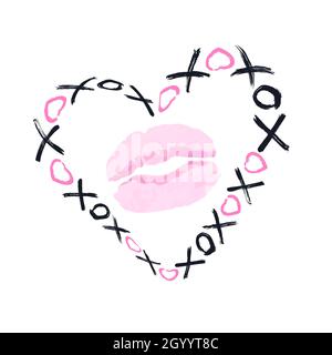 Pattern con frase scritta a mano XOXO, cuori, baci Lipstick isolati su bianco. Abbracci e baci segno. Calligrafia con inchiostro moderno. Design per San Valentino Illustrazione Vettoriale