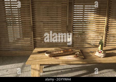 Casa colonica scandinava beige cucina in legno. Tavolo da pranzo con cibo. illustrazione del rendering 3d. Foto Stock