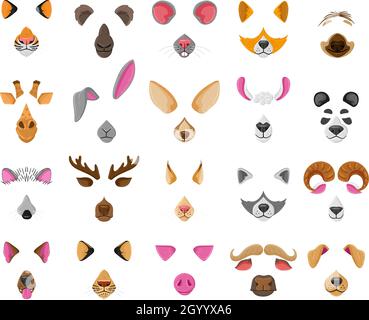 Selfie cartoon o video chat animale volti maschere. Raccoon, cane, zebra e capra divertente orecchie e nasi vettore illustrazione set. Video chat volti animali Illustrazione Vettoriale