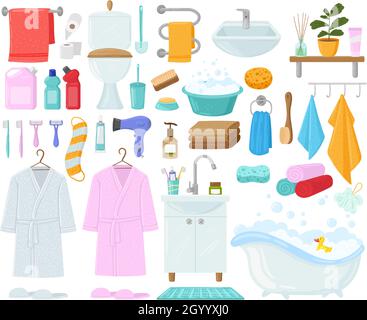 Vasca da bagno Cartoon, asciugamani e prodotti igienici, elementi per bagno. Accessori per l'igiene del bagno, accappatoio, vasca da bagno e set di illustrazioni vettoriali per lavello Illustrazione Vettoriale