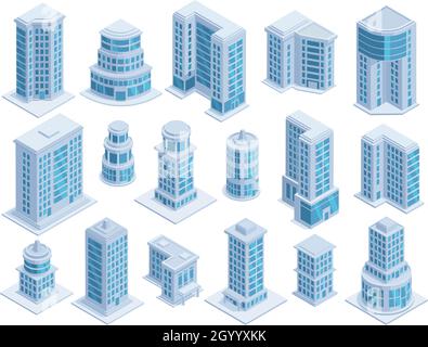 Città isometrica grattacieli urbani, edifici e torri di architettura moderna. Grattacieli facciate architettura, edifici urbani vettore illustrazione set Illustrazione Vettoriale