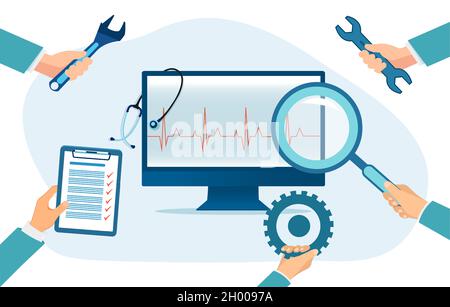 Concetto di riparazione, assistenza, manutenzione, diagnostica e supporto tecnico del computer Illustrazione Vettoriale