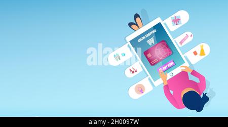 Vettore di una giovane donna che acquista online utilizzando l'app per cellulare Illustrazione Vettoriale
