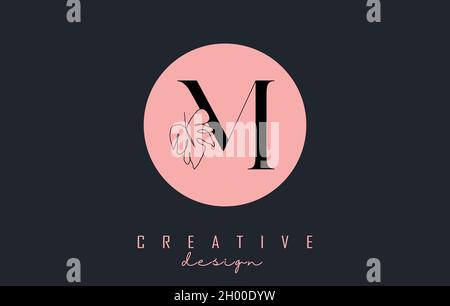 Logo M lettera con foglia Monstera disegno a una linea su sfondo rosa circolare disegno vettoriale. Icona minimalista. Illustrazione Vettoriale