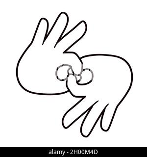 Cartoon mano gesto firma 'Connect' in ASL. Icona di linea nera e while della lingua dei segni. Illustrazione grafica della clip vettoriale. Illustrazione Vettoriale