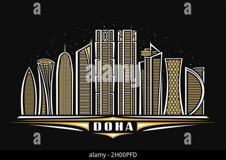 Illustrazione vettoriale di Doha, poster orizzontale scuro con disegno lineare paesaggio urbano di doha su sfondo cielo stellato crepuscolo, medio Oriente urbano linea arte conce Illustrazione Vettoriale