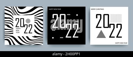 Design creativo per la carta di Capodanno 2022 su sfondo moderno. Poster in stile Memphis. Bianco e nero. Vettore Illustrazione Vettoriale