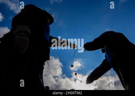 Southwick, Inghilterra. 10 Ottobre 2021. Concorrenti ai Mondiali Conker 2021 che si sono tenuti nel villaggio Northamptonshire di Southwick. Credit: Mark Bulllivore/Alamy Live News Foto Stock