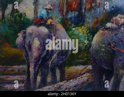 Arte pittura olio colore Elephant famiglia Thai terra, campagna Foto Stock