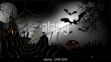 Halloween festa banner, spooky sfondo scuro, silhouette di personaggi e pipistrelli spaventosi con castello gotico infestato, tema horror concetto, oro cobbweb Illustrazione Vettoriale