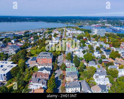 Munjoy Hill residenza storica comunità primo piano vista aerea a Portland, Maine ME, Stati Uniti. Foto Stock