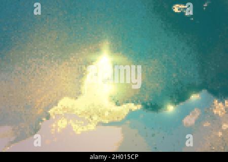 Turchese, blu e oro che brillano sullo sfondo astratto di marmo. Tessuto vettoriale in tecnica di inchiostro alcolico con glitter. Modello per banner, poster. Illustrazione Vettoriale