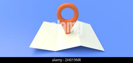 Posizione del puntatore a forma di mappa e puntina, ricerca navigazione di viaggio concetto GPS. Mappa della carta minima e punto di posizione rosso del navigatore sullo sfondo blu Foto Stock