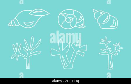 Illustrazione vettoriale di conchiglie e alghe su sfondo blu. Icone impostate. Illustrazione Vettoriale