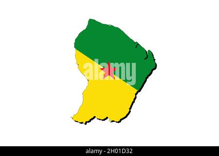 Mappa della Guyana francese con la bandiera nazionale sovrapposta al paese. Grafica 3D che proiettare un'ombra sullo sfondo bianco Foto Stock