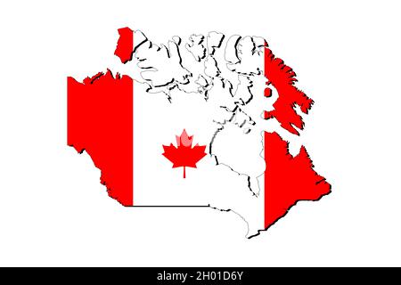 Mappa del Canada con la bandiera nazionale sovrapposta al paese. Grafica 3D che proiettare un'ombra sullo sfondo bianco Foto Stock