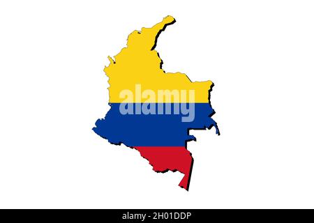 Mappa della Colombia con la bandiera nazionale sovrapposta al paese. Grafica 3D che proiettare un'ombra sullo sfondo bianco Foto Stock