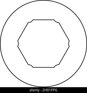 Banner esagonale sei angoli arrotondati icona mockup vuota in cerchio rotondo colore nero illustrazione vettoriale stile contorno pieno immagine semplice Illustrazione Vettoriale