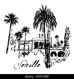Disegno a inchiostro indiano che rappresenta una vista di Siviglia in Spagna - illustrazione vettoriale Illustrazione Vettoriale