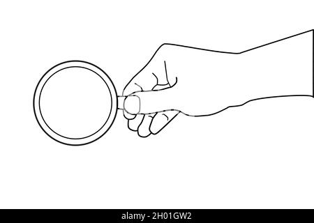 Mano dell'uomo che tiene una tazza. Concetto di arte della linea. Illustrazione Vettoriale