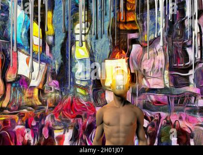 Mente bruciante. Uomo che brucia con la porta invece di faccia. Sfondo colorato astratto. Rendering 3D. Foto Stock