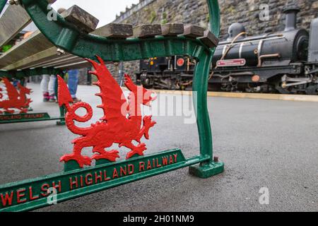 Drago rosso sotto una panchina sulla stazione ferroviaria Welsh Highland di Caernarfon, Galles del Nord visto nel mese di ottobre 2021. Foto Stock