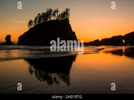 Tramonto su Second Beach, la Push, Olympic National Park, Washington Foto Stock