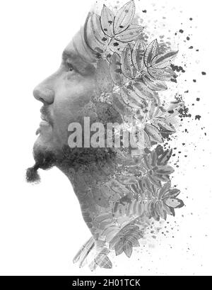 Pittura. Un ritratto di un uomo alla moda combinato con un dipinto di piante Foto Stock