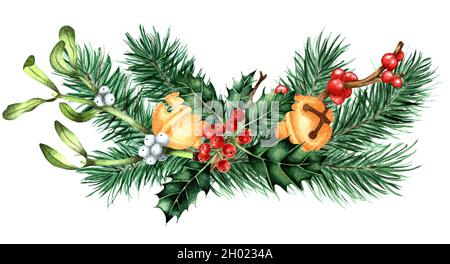 Natale, bouquet di Capodanno con rami di abete, campane di ghiaia, Holly, Ilex, Mistletoe. Illustrazione festosa dell'acquerello con rami di pino e bacche. Foto Stock