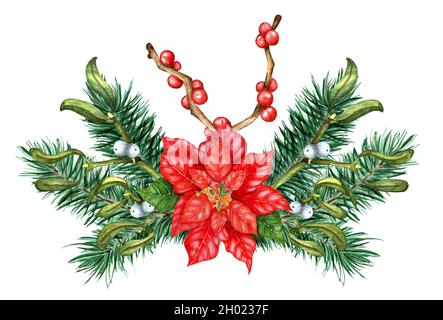 Bouquet di Natale di rami di abete, boccale, poinsettia, Holly, Ilex. Illustrazione acquerello di decorazione festiva da rami di piante invernali. Isolat Foto Stock