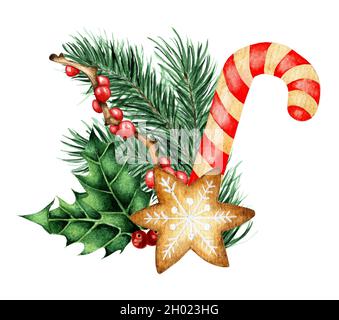 Decorazioni per Natale e Capodanno. Illustrazione acquerello di decorazione di rami di abete, agrifoglio, ilex, canna lecca e pan di zenzero. Isolato su whit Foto Stock