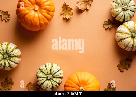 Cornice autunnale fatta di zucche, foglie di quercia caduta su sfondo arancione vintage. Disposizione piatta, vista dall'alto. Modello di biglietto di auguri per il giorno del ringraziamento. Foto Stock