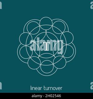 Semplice emblema rotondo astratto con sottili cerchi lineari e modello vettoriale minimalista di lettera T. Illustrazione Vettoriale