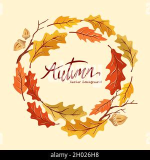 Una corona autunnale di raccolta fatta con foglie d'oro fatte a mano. Illustrazione vettoriale. Illustrazione Vettoriale