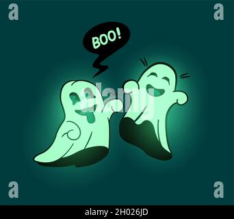 Bagliore verde nel buio fantasmi giocosi divertirsi e ridere, Halloween vettore illustrazione, Illustrazione Vettoriale