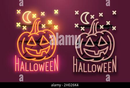 Un simbolo di Halloween al neon luminoso con una zucca grinning Jack o Lantern con stati on e off. Illustrazione vettoriale. Illustrazione Vettoriale