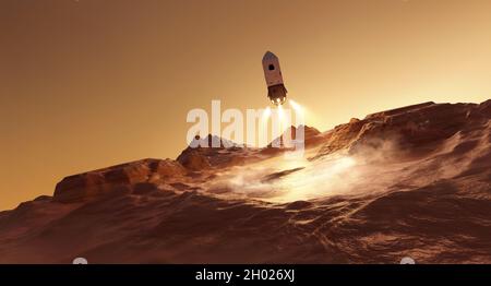 Un razzo che atterra sulla superficie di marte che trasportano astronauti. Missione futuristica a Marte. Illustrazione 3D Foto Stock