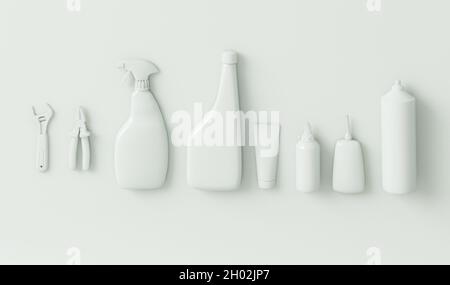 Involucro in plastica in bottiglie cosmetiche e in plastica su sfondo bianco. Concetto creativo composizione di smistamento e lavorazione rifiuti e Terra, ambiente Foto Stock