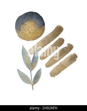 Composizione astratta con forme rotonde dorate acquerello ed elementi naturali. Poster d'arte contemporanea o modello di design. Foto Stock