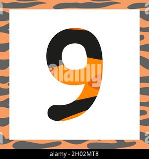 Numero nove con modello tigre. Carattere festivo e cornice arancione con strisce nere, simbolo per Capodanno e Natale Illustrazione Vettoriale
