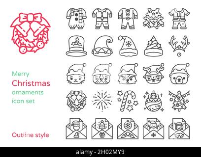 Ornamenti di Natale e set di icone. Stile linea e contorno Illustrazione Vettoriale