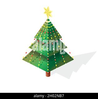 Albero di Natale isometrico con stella gialla. Illustrazione vettoriale. Icona 3d isolata in bianco. Felice Anno Nuovo. Illustrazione Vettoriale