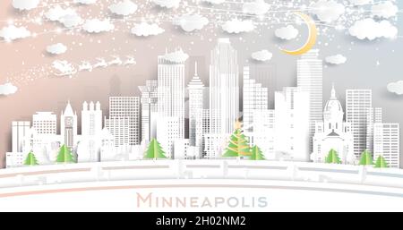 Minneapolis Minnesota City Skyline in stile Paper Cut con Snowflakes, Moon e Neon Garland. Vettore. Natale e Capodanno. Illustrazione Vettoriale