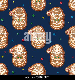 Modello senza giunture con Babbo Natale di Gingerbread su Blu. Biscotti di Natale. Illustrazione vettoriale. Illustrazione Vettoriale